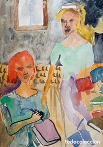 Arte: Interior con mujeres y libros, escuela española, 1970's, acuarela sobre papel, sin firmar, con marco